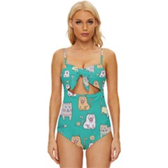 Seamless-pattern-cute-cat-cartoon-with-hand-drawn-style Knot Front One-piece Swimsuit by Salman4z