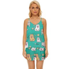 Seamless-pattern-cute-cat-cartoon-with-hand-drawn-style V-neck Satin Pajamas Set by Salman4z