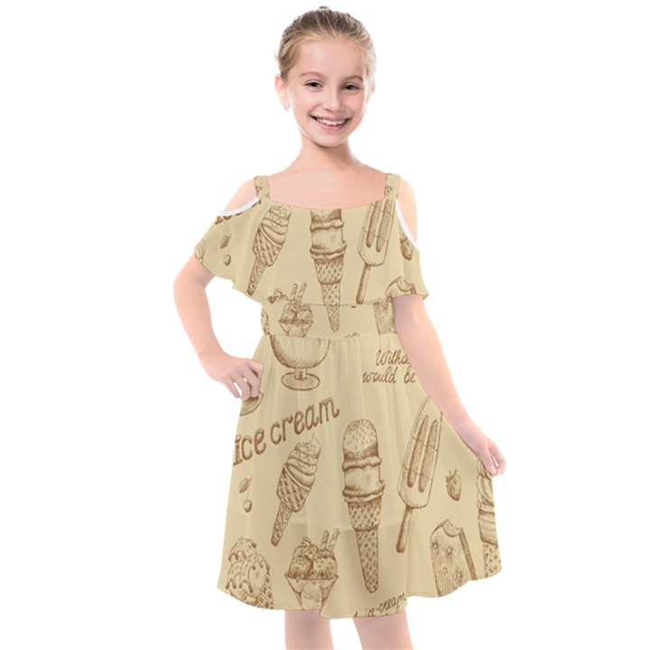 Ice-cream-vintage-pattern Kids  Cut Out Shoulders Chiffon Dress