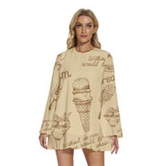 Ice-cream-vintage-pattern Round Neck Long Sleeve Bohemian Style Chiffon Mini Dress by Salman4z