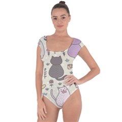 Funny Cartoon Cats Seamless Pattern Short Sleeve Leotard  by Salman4z