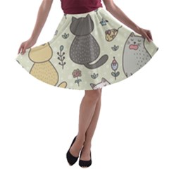 Funny Cartoon Cats Seamless Pattern A-line Skater Skirt by Salman4z