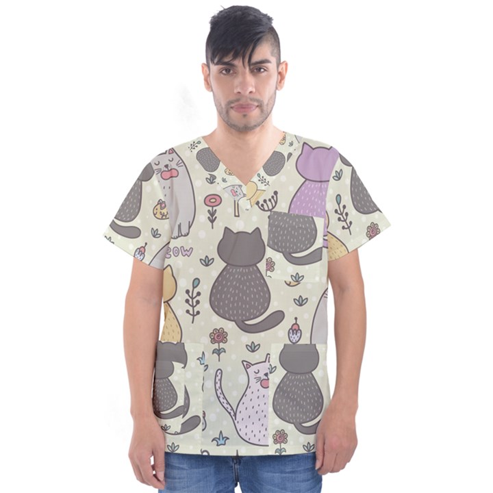 Funny Cartoon Cats Seamless Pattern Men s V-Neck Scrub Top