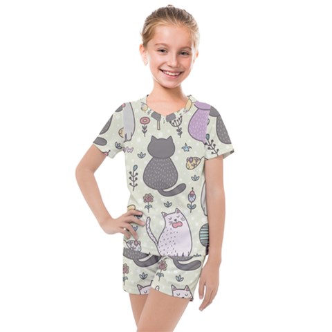 Funny Cartoon Cats Seamless Pattern Kids  Mesh Tee And Shorts Set by Salman4z