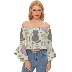 Funny Cartoon Cats Seamless Pattern Off Shoulder Flutter Bell Sleeve Top by Salman4z