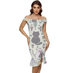 Funny Cartoon Cats Seamless Pattern Off Shoulder Ruffle Split Hem Bodycon Dress by Salman4z