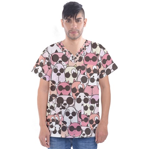 Cute-dog-seamless-pattern-background Men s V-neck Scrub Top by Salman4z