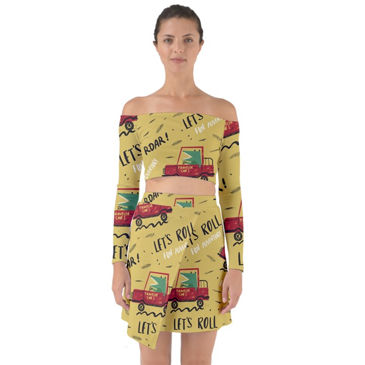 Childish-seamless-pattern-with-dino-driver Off Shoulder Top with Skirt Set