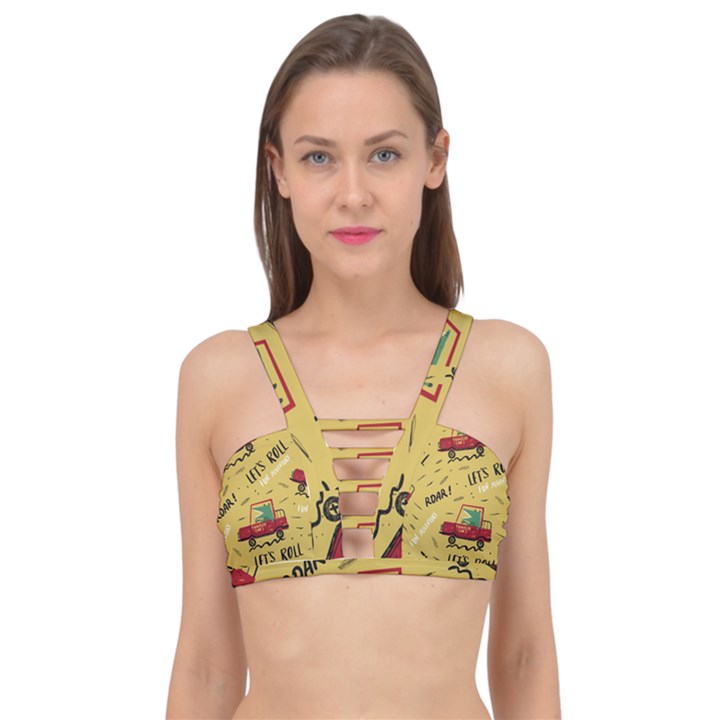 Childish-seamless-pattern-with-dino-driver Cage Up Bikini Top