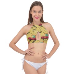 Childish-seamless-pattern-with-dino-driver Cross Front Halter Bikini Top by Salman4z