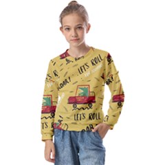 Childish-seamless-pattern-with-dino-driver Kids  Long Sleeve Tee With Frill 