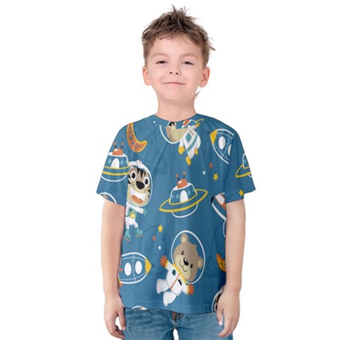 Seamless-pattern-funny-astronaut-outer-space-transportation Kids  Cotton Tee by Salman4z