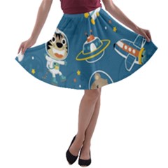 Seamless-pattern-funny-astronaut-outer-space-transportation A-line Skater Skirt by Salman4z