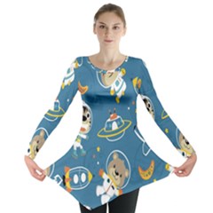 Seamless-pattern-funny-astronaut-outer-space-transportation Long Sleeve Tunic  by Salman4z