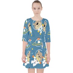 Seamless-pattern-funny-astronaut-outer-space-transportation Quarter Sleeve Pocket Dress