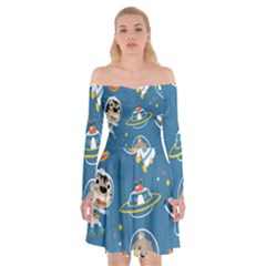 Seamless-pattern-funny-astronaut-outer-space-transportation Off Shoulder Skater Dress by Salman4z