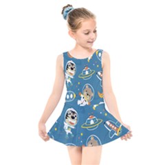 Seamless-pattern-funny-astronaut-outer-space-transportation Kids  Skater Dress Swimsuit