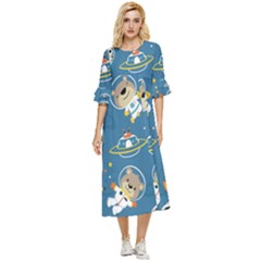 Seamless-pattern-funny-astronaut-outer-space-transportation Double Cuff Midi Dress by Salman4z