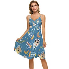 Seamless-pattern-funny-astronaut-outer-space-transportation Sleeveless Tie Front Chiffon Dress by Salman4z