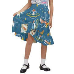 Seamless-pattern-funny-astronaut-outer-space-transportation Kids  Ruffle Flared Wrap Midi Skirt by Salman4z