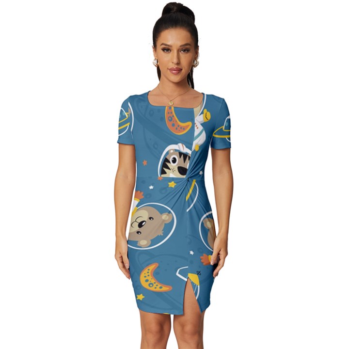 Seamless-pattern-funny-astronaut-outer-space-transportation Fitted Knot Split End Bodycon Dress