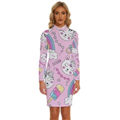 Beautiful-cute-animals-pattern-pink Long Sleeve Shirt Collar Bodycon Dress by Salman4z