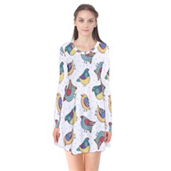 Seamless-pattern-with-hand-drawn-bird-black Long Sleeve V-neck Flare Dress by Salman4z