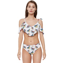 Seamless-pattern-with-hand-drawn-bird-black Ruffle Edge Tie Up Bikini Set	 by Salman4z