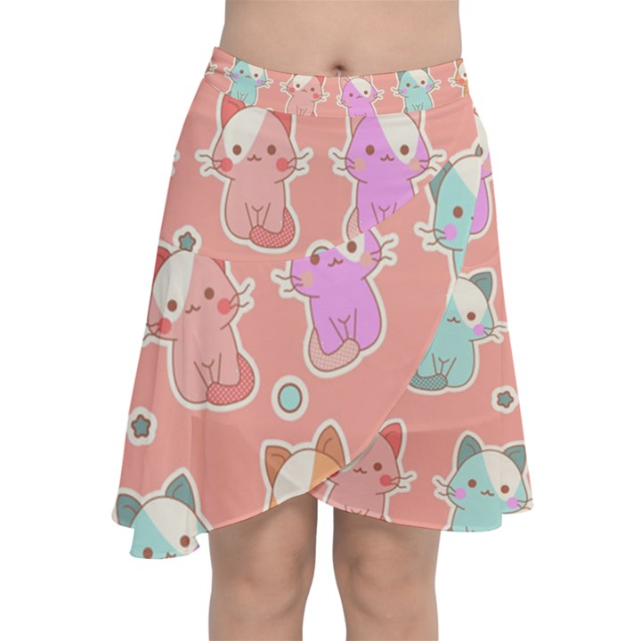 Cute-kawaii-kittens-seamless-pattern Chiffon Wrap Front Skirt