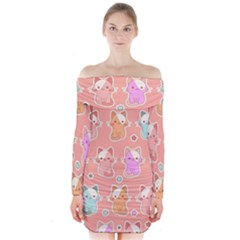 Cute-kawaii-kittens-seamless-pattern Long Sleeve Off Shoulder Dress by Salman4z