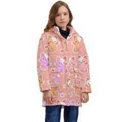 Cute-kawaii-kittens-seamless-pattern Kids  Hooded Longline Puffer Jacket