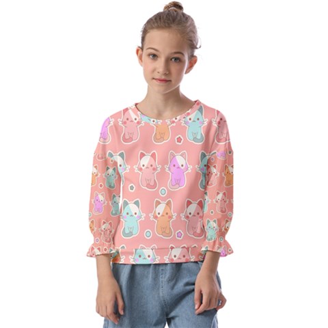 Cute-kawaii-kittens-seamless-pattern Kids  Cuff Sleeve Top by Salman4z