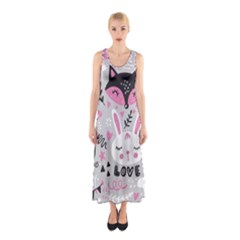 Big-set-with-cute-cartoon-animals-bear-panda-bunny-penguin-cat-fox Sleeveless Maxi Dress by Salman4z