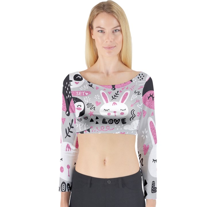 Big-set-with-cute-cartoon-animals-bear-panda-bunny-penguin-cat-fox Long Sleeve Crop Top