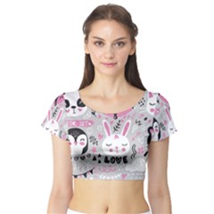 Big-set-with-cute-cartoon-animals-bear-panda-bunny-penguin-cat-fox Short Sleeve Crop Top by Salman4z