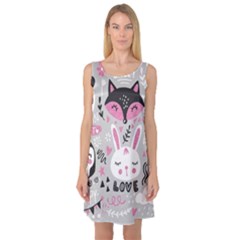 Big-set-with-cute-cartoon-animals-bear-panda-bunny-penguin-cat-fox Sleeveless Satin Nightdress by Salman4z