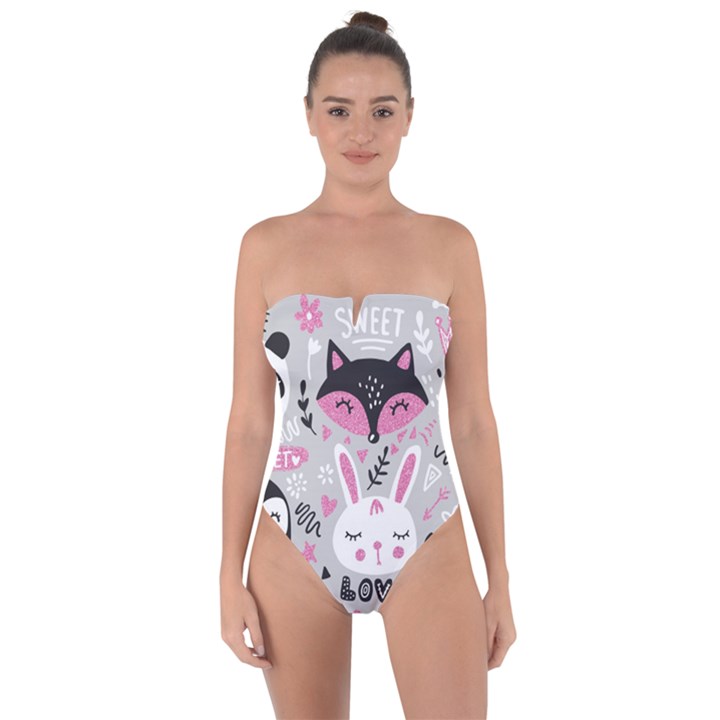 Big-set-with-cute-cartoon-animals-bear-panda-bunny-penguin-cat-fox Tie Back One Piece Swimsuit