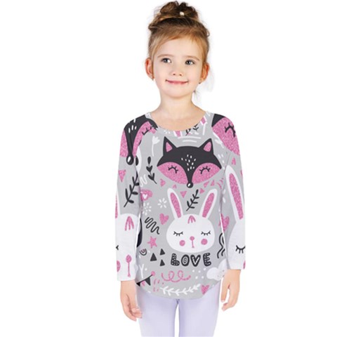 Big-set-with-cute-cartoon-animals-bear-panda-bunny-penguin-cat-fox Kids  Long Sleeve Tee by Salman4z