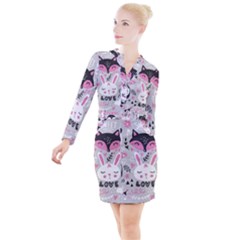 Big-set-with-cute-cartoon-animals-bear-panda-bunny-penguin-cat-fox Button Long Sleeve Dress by Salman4z