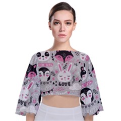 Big-set-with-cute-cartoon-animals-bear-panda-bunny-penguin-cat-fox Tie Back Butterfly Sleeve Chiffon Top by Salman4z