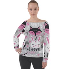 Big-set-with-cute-cartoon-animals-bear-panda-bunny-penguin-cat-fox Off Shoulder Long Sleeve Velour Top by Salman4z