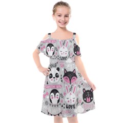 Big-set-with-cute-cartoon-animals-bear-panda-bunny-penguin-cat-fox Kids  Cut Out Shoulders Chiffon Dress by Salman4z