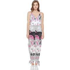 Big-set-with-cute-cartoon-animals-bear-panda-bunny-penguin-cat-fox Sleeveless Tie Ankle Chiffon Jumpsuit by Salman4z