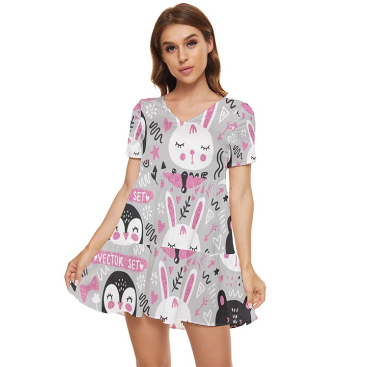 Big-set-with-cute-cartoon-animals-bear-panda-bunny-penguin-cat-fox Tiered Short Sleeve Babydoll Dress