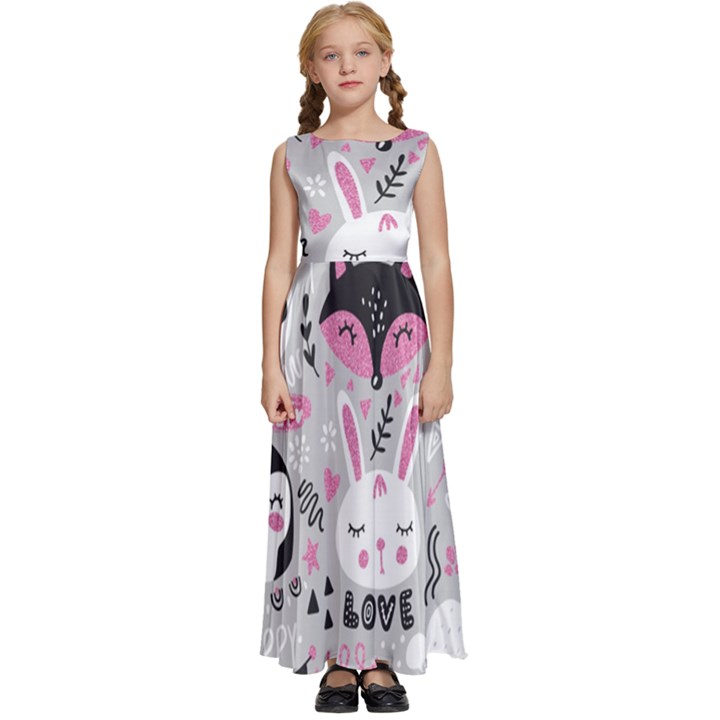 Big-set-with-cute-cartoon-animals-bear-panda-bunny-penguin-cat-fox Kids  Satin Sleeveless Maxi Dress