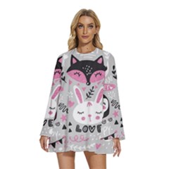 Big-set-with-cute-cartoon-animals-bear-panda-bunny-penguin-cat-fox Round Neck Long Sleeve Bohemian Style Chiffon Mini Dress by Salman4z