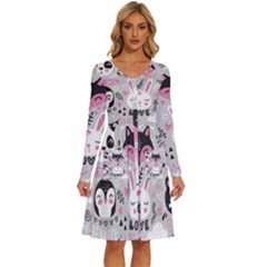 Big-set-with-cute-cartoon-animals-bear-panda-bunny-penguin-cat-fox Long Sleeve Dress With Pocket by Salman4z