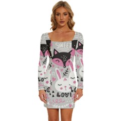 Big-set-with-cute-cartoon-animals-bear-panda-bunny-penguin-cat-fox Long Sleeve Square Neck Bodycon Velvet Dress by Salman4z