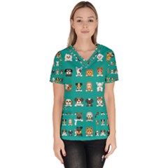 Different-type-vector-cartoon-dog-faces Women s V-neck Scrub Top by Salman4z