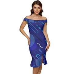 Classic-blue-background-abstract-style Off Shoulder Ruffle Split Hem Bodycon Dress by Salman4z